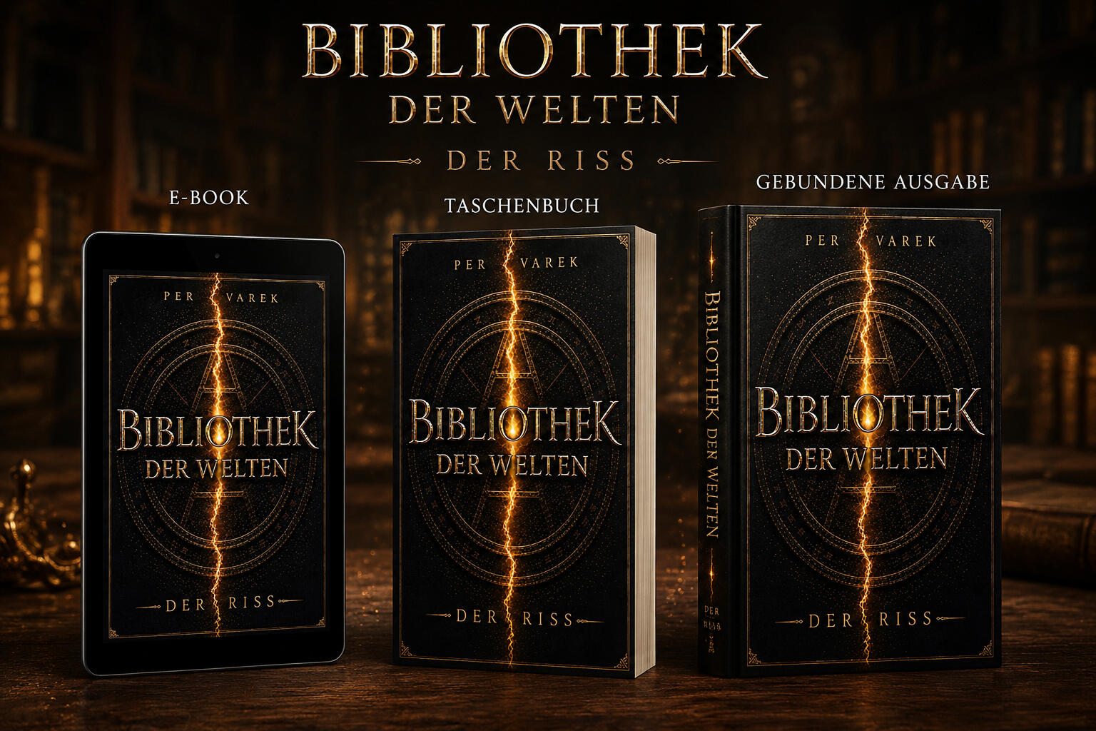 3D-Buchcover von Bibliothek der Welten – Der Riss, Fantasy-Roman von Per Varek Bibliothek der Welten – Der Riss, Fantasy-Roman von Per Varek. 3D-Darstellung des Buchcovers mit einem leuchtenden Riss zwischen den Welten.