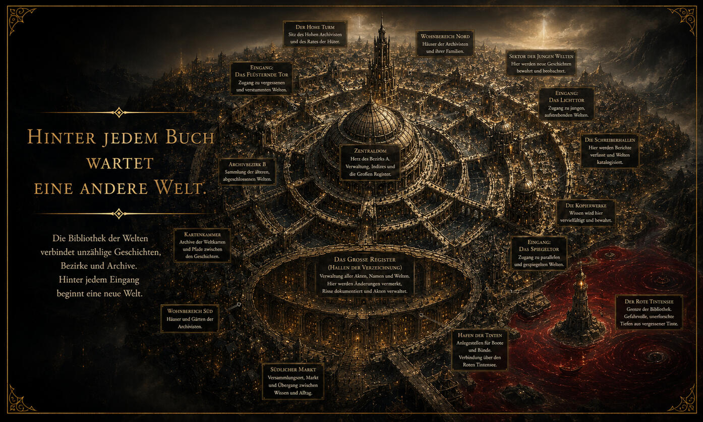3D-Buchcover von Bibliothek der Welten – Der Riss, Fantasy-Roman von Per Varek Bibliothek der Welten – Der Riss, Fantasy-Roman von Per Varek. 3D-Darstellung des Buchcovers mit einem leuchtenden Riss zwischen den Welten.